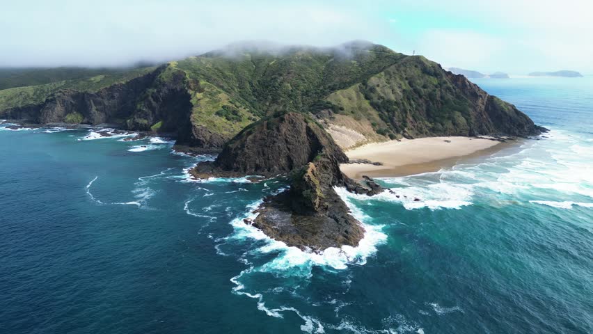 Cap Reinga in New Zealand , Drone Shot, Cliffs