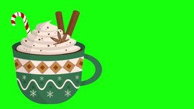 4k Merry Christmas animated cute green mug with hot cocoa or coffee sweet cream with cinnamon or chocolate chips cinnamon and vanilla flower ornaments coffee cup Isolated on green chroma key screen - Powered by Shutterstock - Get 15% off with code: PIKWIZARD15