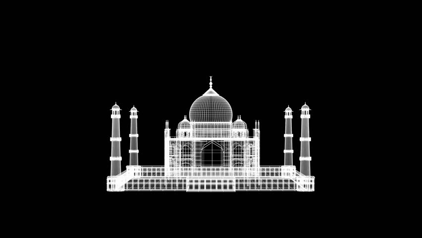 Spinning 3d wireframe Taj Mahal motion graphics with plain black background