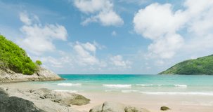 4K Relaxing day on an empty sea beach Visit the beautiful sandy beach Beaches of Phuket Thailand, video travel forward gorgeous tropical sea beach The beach is empty and devoid of people and tourists.