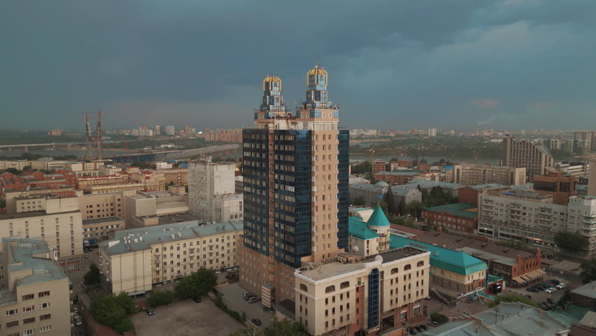 City of Novosibirsk. Russia. Drone view. Lightning. Batman building.