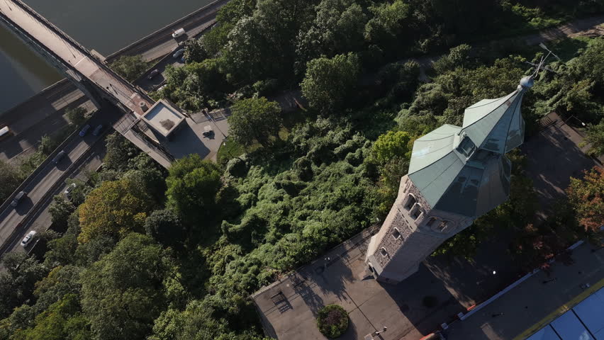 Drone shot of the High Bridge Water Tower in Washington Heights, New York City.