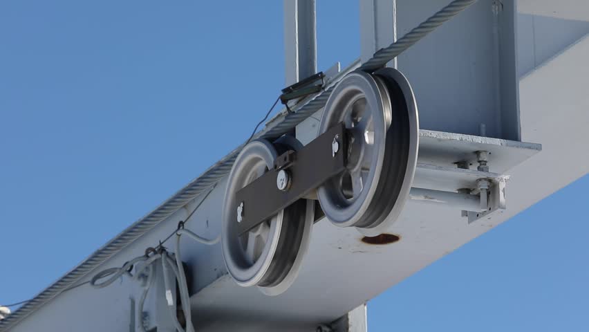 Cable Car Roller Wheels with Steel Rope Pulley System, Close Up Shot.