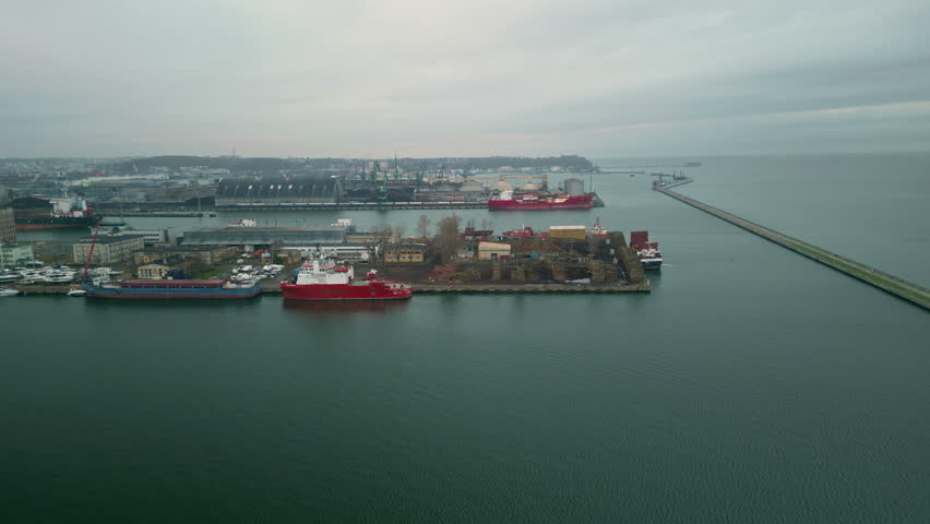Aerial View of the Gdansk Port, with Ships Docked in the Sea. Expansive Gdynia Port, Serving as a Gateway to International Trade and Commerce