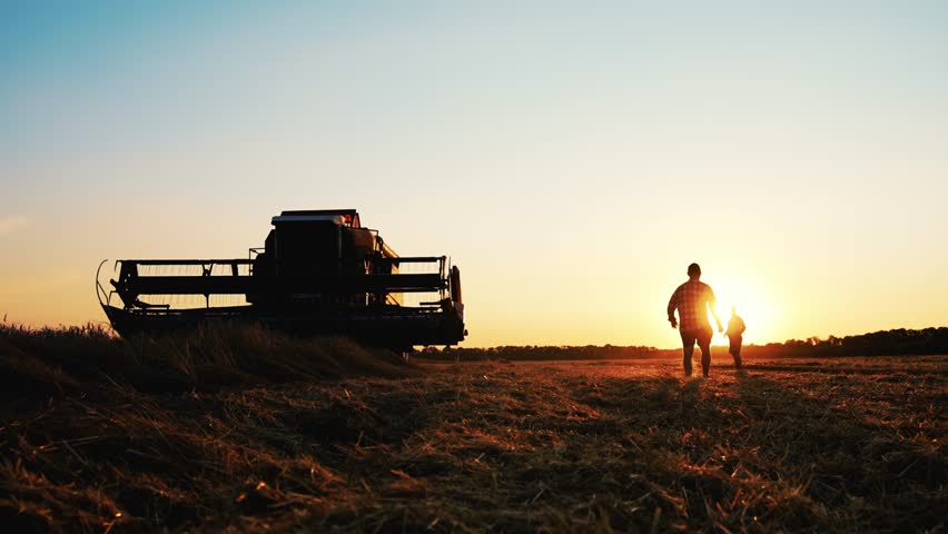 Teamwork concept. Silhouette two male farmers walking in a green field against sunset. Team farmers stand in a field on the background of agricultural machinery. Agronomists discuss harvest. Royalty-Free Stock Footage #1109895365