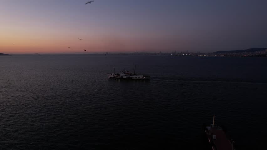 Aerial view of Prince Islands in Istanbul at sunset. Istanbul, Turkey. Ferry goes to the island at sunset. Drone shot. Royalty-Free Stock Footage #1109896841
