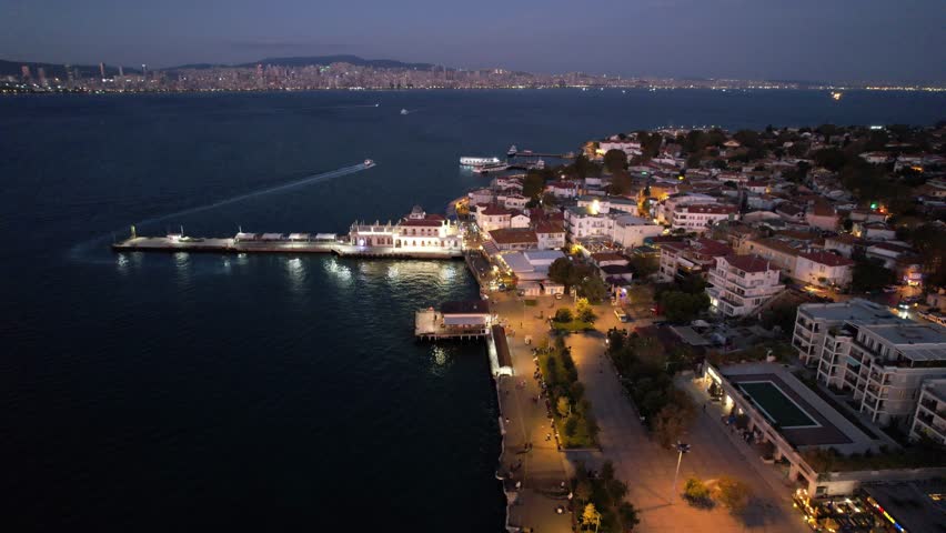 Aerial view of Buyukada (Princes Islands) in Istanbul at sunset. Istanbul, Turkey. Buyukada is the largest of the Princes Islands. Drone shot. Royalty-Free Stock Footage #1109896851
