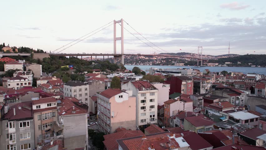 Drone video of Bosphorus in Istanbul during sunset. First and second bridge filmed from above. Turkiye flag waving. Ships passing under the bridge. | Shutterstock HD Video #1109896861