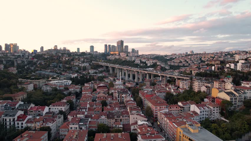 Drone video of Bosphorus in Istanbul during sunset. First and second bridge filmed from above. Turkiye flag waving. Ships passing under the bridge. | Shutterstock HD Video #1109896871