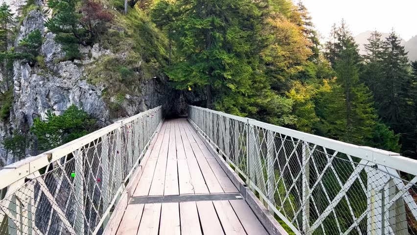 Neuschwanstein castle on Alps background in vicinity of Munich, Bavaria, Germany, Europe. Autumn landscape with castle and lake in mountains covered with spruce forest. High quality 4k footage