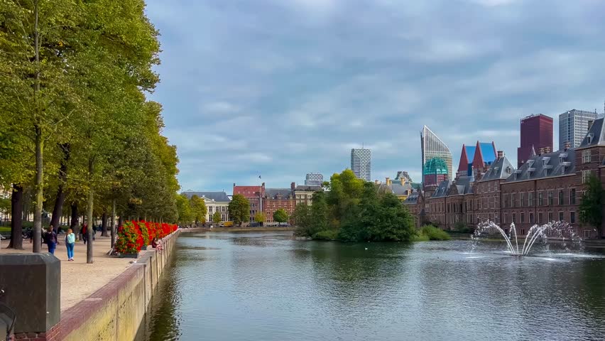 Binnenhof complex Dutch government, house of representatives and office of Prime minister, Hofvijver lake, Den Haag, South Holland, Netherlands 20 September 2023. . High quality 4k footage