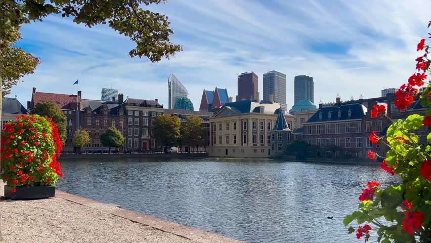 Binnenhof complex Dutch government, house of representatives and office of Prime minister, Hofvijver lake, Den Haag, South Holland, Netherlands 20 September 2023. . High quality 4k footage