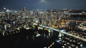 Hyperlapse of downtown of Vancouver at night, Granville bridge and False Creek