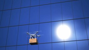 Flying On A Sky Delivery Drone With Holding A Cardboard Parcel Through A Building In The City - Powered by Shutterstock - Get 15% off with code: PIKWIZARD15