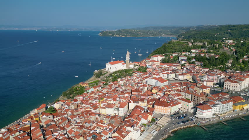 Piran, Slovenia, aerial panorama of Adriatic coastline with historic Venetian architecture