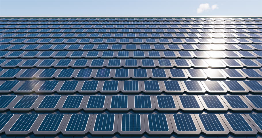 3d rendering of solar or photovoltaic shingles in perspective on roof of home or house building. System technology to generate electrical power or direct current electricity by light or sunlight. | Shutterstock HD Video #1109904705