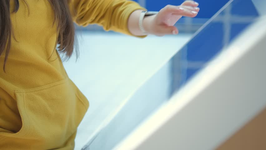 Girl using a touch terminal in a shopping mall. The concept of people and technologies. Online Router