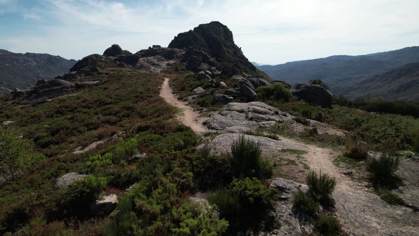 Aerial view of the ruins of the Castro Laboreiro castle at the Peneda Geres National Park in Portugal