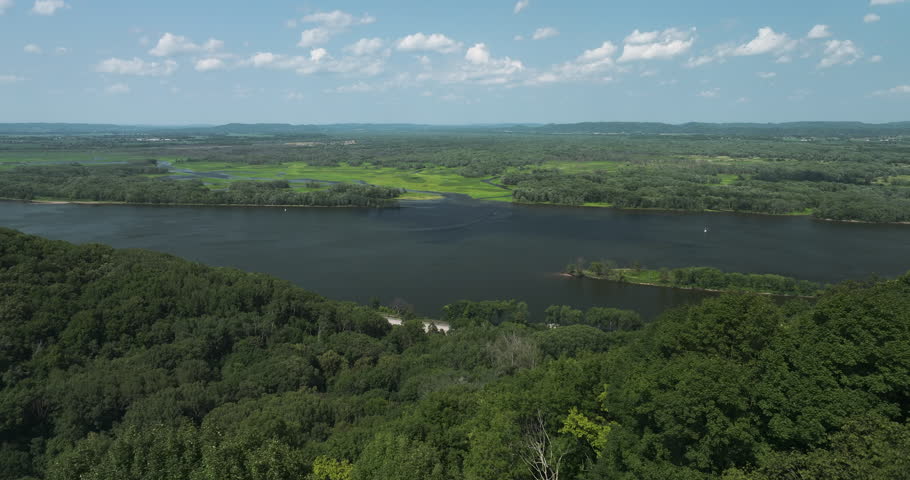 Mississippi River From Great River Bluffs State Park In Minnesota, United States. - aerial pullback