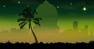 Animation of palm tree and city over green background. Christmas, religion, tradition and celebration concept digitally generated video.