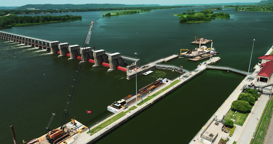Lock and Dam No. 4 On The Upper Mississippi River In Alma, Wisconsin. - aerial