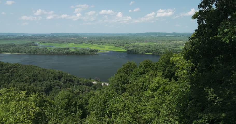 Panorama Of Mississippi River And Verdant Trees In The Forest In Great River Bluffs State Park. - aerial