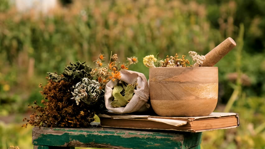 Dried herbs and flowers alternative medicine and medicinal tea. Selective focus.