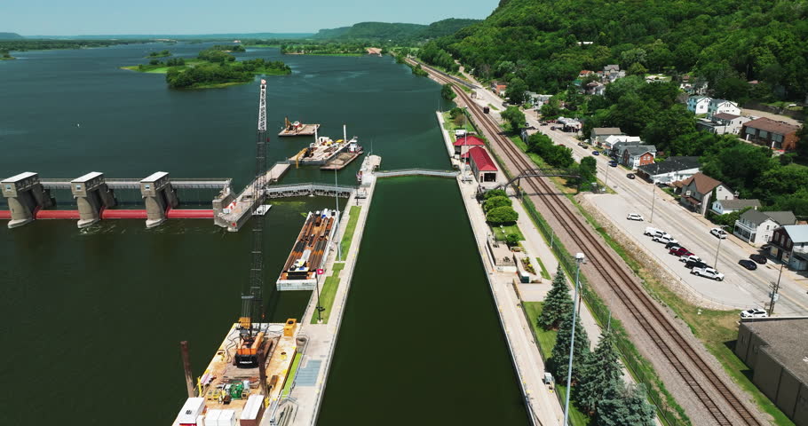 US Lock and Dam No. 4 And Railway Track In Alma, Wisconsin, United States.
