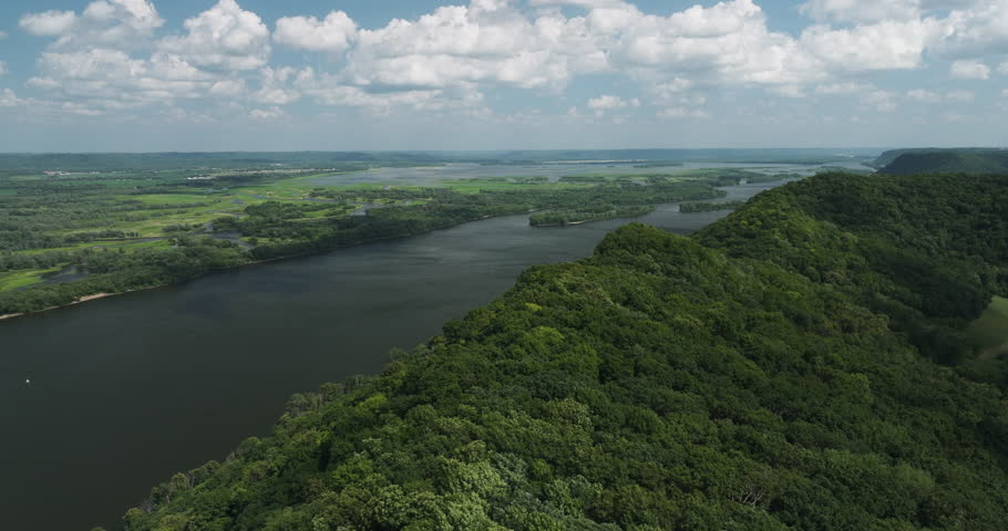 Aerial View Of Great River Bluffs State Park on the Mississippi River In Winona, Minnesota, United States.