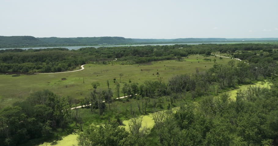 Backwaters Covered With Algae In Trempealeau National Wildlife Refuge In Summer In Wisconsin, United States. - aerial