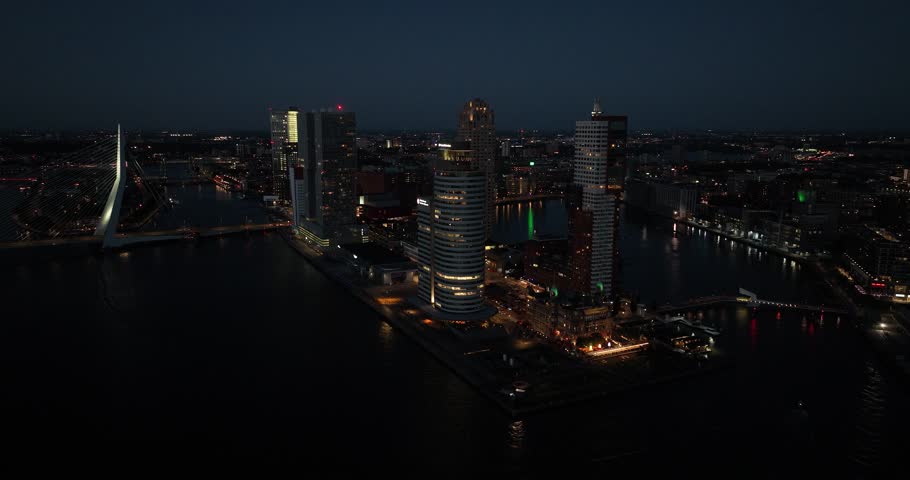 Nighttime view on the skyline of Rotterdam, The Netherlands.