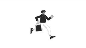Shopper male running with boutique bag bw outline 2D character animation. Shopaholic hurry monochrome linear cartoon 4K video. Sunglasses man in rush animated person isolated on white background