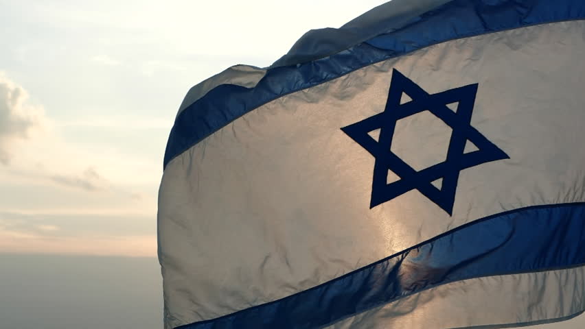 National Israel flag with star of David waving against the wind, beautiful sunset outdoor backgrounds. Concept of Israel, Palestine, Iran, Conflict, Gaza, Hamas, War, Freedom, Flag, Independence Day Royalty-Free Stock Footage #1109919355