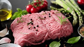 Minced meat. Fresh raw minced meat from turkey, pork, chicken, lamb or beef. 4k video