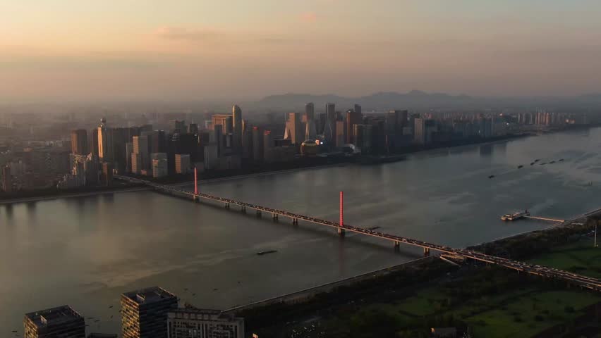 Aerial Video of Hangzhou City Central Commercial District，sunset glow  Royalty-Free Stock Footage #1109932611
