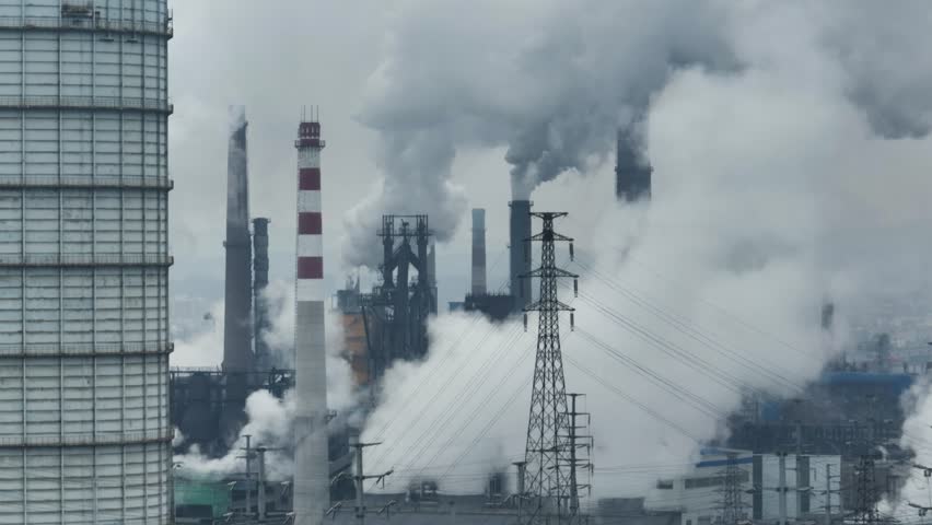 Aerial Video of Factory Emissions Pollution Royalty-Free Stock Footage #1109932749