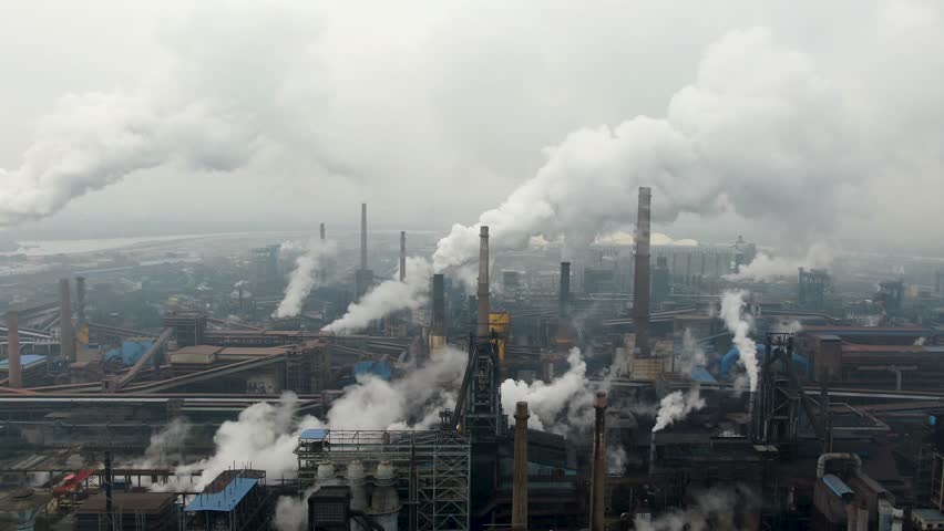 Aerial Video of Factory Emissions Pollution Royalty-Free Stock Footage #1109932955