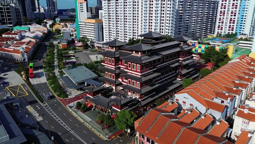 Aerial 4k footage of Buddha Tooth Relic Temple in Singapore. It is a Buddhist Temple located in the Chinatown district.