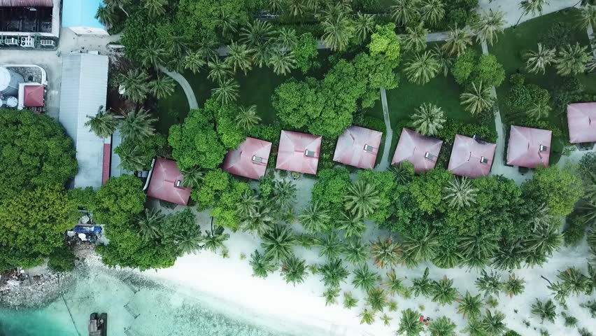 Tropical aerial landscape, sea views with water bungalow villas, lush trees, stunning white sand beaches. The Maldives is an exotic tourist destination, a tourist paradise with a tropical atmosphere.