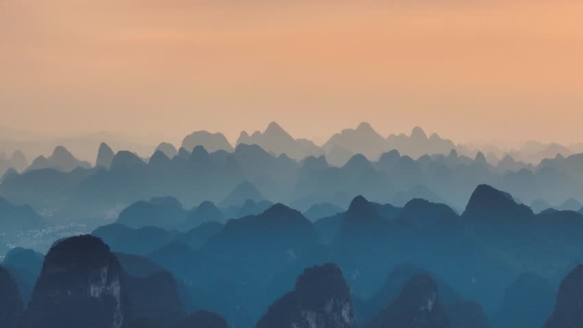 Aerial Video of Guilin Landscape，Evening dusk，Karst topography，guilin China Royalty-Free Stock Footage #1109940511