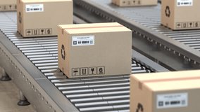 Cardboard boxes on a conveyor belt. Distribution warehouse, E-commerce, storage, delivery, logistics and packaging service concept.  3d video animation - Powered by Shutterstock - Get 15% off with code: PIKWIZARD15