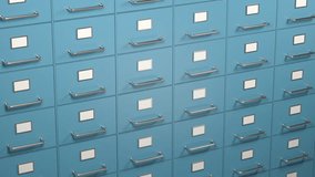 File cabinet with folders. Search archive, documentation and buraucracy concept. 3d video animation