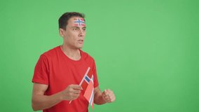 Man cheering for Norway waving a national flag looking away