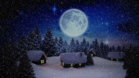 Animation of santa sleigh and snow falling in night winter landscape. christmas, winter, tradition and celebration concept digitally generated video.