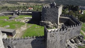 Aerial drone video at the Trancoso Castle, inside and outside the fortress, on Trancoso city, Guarda, Portugal
