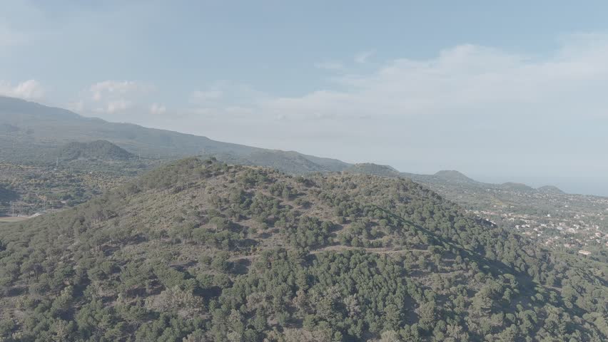 Nicolosi, Sicily, Italy. Forested volcanic cones on the southern slopes of Mount Etna, captured in a smooth aerial orbit that reveals the contrast between dense green woodland and exposed volcanic terrain. The scene unfolds under bright midday light with scattered clouds, showing the cone