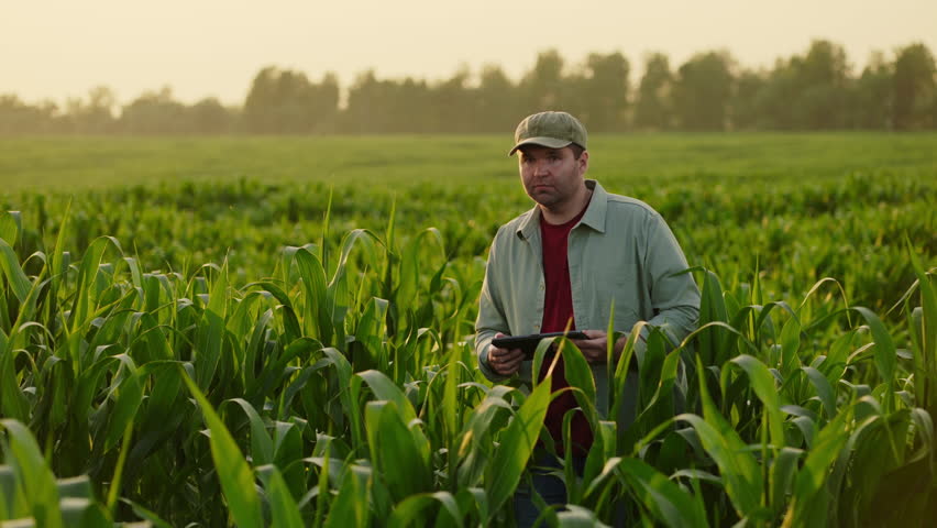 Farmer Walking Between Rows In Field Of Corn Or Maize, Making Notes In Tablet, Modern Agribusiness Royalty-Free Stock Footage #1109947731