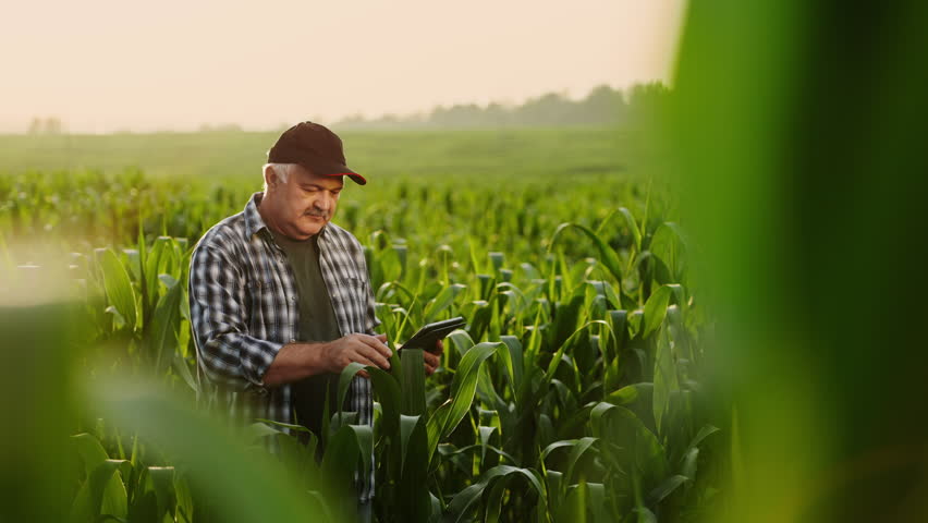 Farming And Agriculture, Farmer Working In Field In Summer, Holding Tablet And Viewing Plants Royalty-Free Stock Footage #1109947763