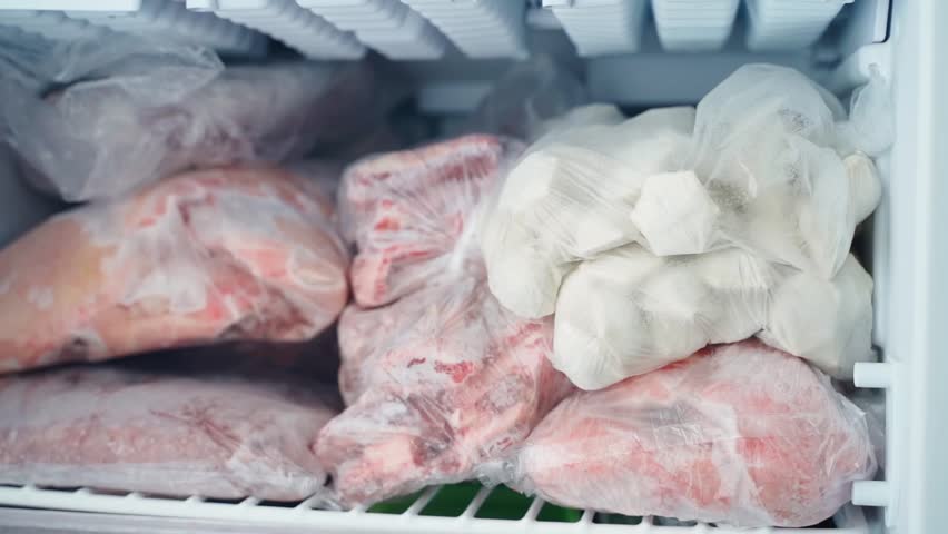 Homemade dumplings and meat in transparent bags in the freezer compartment of the refrigerator, close-up. Stocks of high-calorie food in the refrigerator, smooth slow camera movement Royalty-Free Stock Footage #1109948777