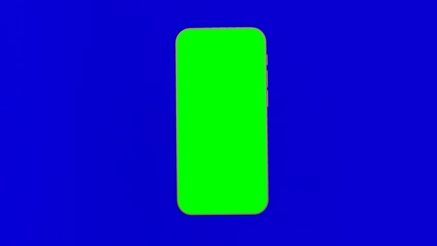 A smartphone with a green screen in motion on a blue background.
